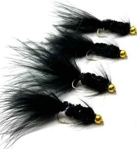 4, 6 oder 8 SCHWARZ WOOLEY BUGGER Gold Kopf Streamer Forellenangeln STARBLOS/STARBLOS - Bild 1 von 1