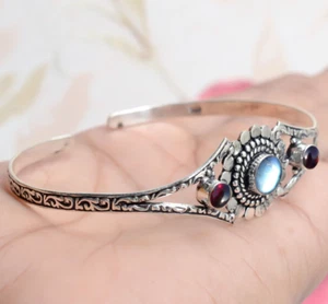 Big Labradorite & Garnet Gemstone 925 Sterling Silver Birthstone Bangle Cuff - Picture 1 of 7