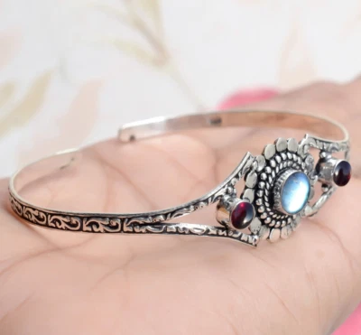 Big Labradorite & Garnet Gemstone 925 Sterling Silver Birthstone Bangle Cuff - Image 1 of 4