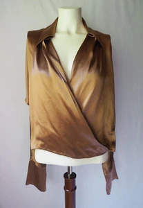 Costume National Italy 100% Silk Satin Cropped Wrap Blouse Bronze Gold 44 - Picture 1 of 9