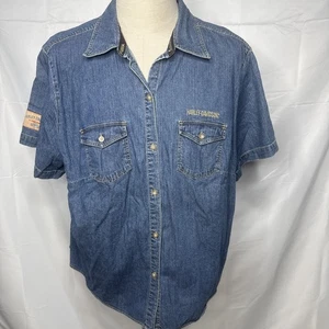 Harley Davidson Women’s Shirt 3W Denim Button Up Embroidered Logo Short Sleeve - Picture 1 of 7