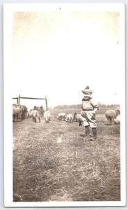 Vintage Black & White Photo Boy with Sheep Farm Scene 1930s - Picture 1 of 2