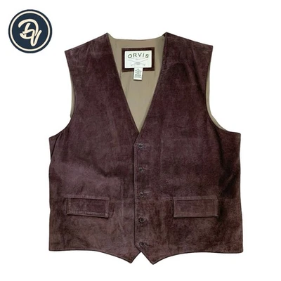 Mens L Orvis  Brown Buckle Back 100 % Suede Button Front Vest - Image 1 of 4