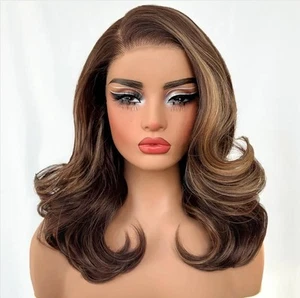 Brown Blonde Ombre Wig HD Front Lace Human Hair Blend Highlights  Wavy Curly - Picture 1 of 6