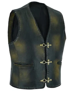 Motorrad Lederweste Herren Karabiner Haken Leder Clubweste antik schwarz 3XL - Bild 1 von 5