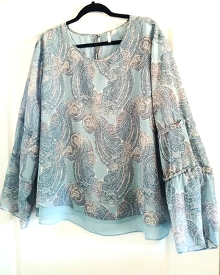 CATO 22/24 Azul Verdoso Cachemira Top Volantes Largo Acampanado Manga Transparente Forrado Cuerpo Foto 1 de 4