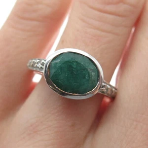 925 Sterling Silver Real Round-Cut Diamond & Oval-Cut Emerald Ring Size 7.75 - Picture 1 of 9