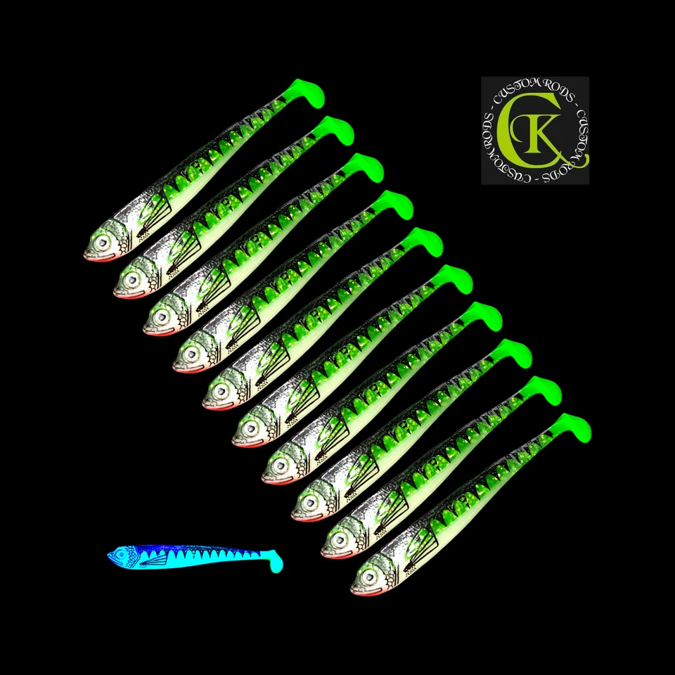 HAUSMARKE 10x10cm Gummifisch UV Stint Shad Kauli Ukel Lieblings Köder Zander Barsch Waller