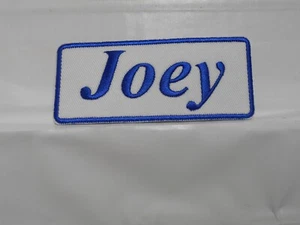 JOEY  NEW EMBROIDERED  SEW / IRON ON NAME PATCH BLUE ON WHITE - Picture 1 of 4