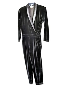 Saint Germain Paris Black Velvet Wrap Jumpsuit Pant SZ Medium Vintage Satin Y2K - Picture 1 of 13