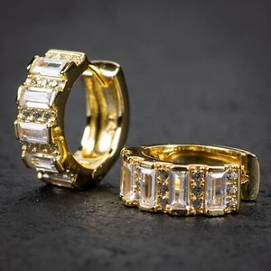 Men's Yellow Gold Plated Iced Emerald Sterling Silver Cz Huggie Hoop Earrings - Picture 1 of 4