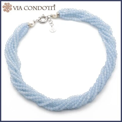 Collana in pietre dure Calcedonio naturale e argento girocollo torchon da donna - Immagine 1 di 4