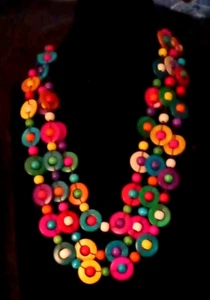 Triple Strand Wooden Bead Multi Color Necklace - Picture 1 of 8