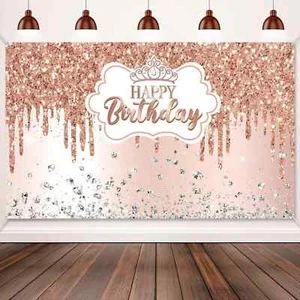 Rose Gold Happy Birthday Backdrop Party Banner Photography Background for Women - Picture 1 of 2