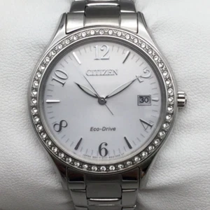 Citizen Eco-Drive Watch Women 34mm Silver Tone E111-R014692 Date Crystals 5.5" - Picture 1 of 13