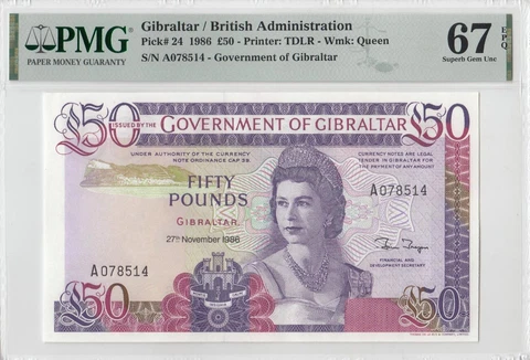 1986 GOVERNMENT OF GIBRALTAR QEII 50 POUNDS "A" (( PMG 67 EPQ )) Cover