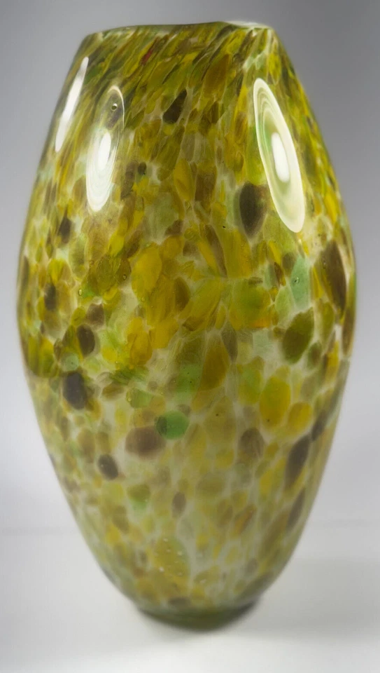 Green Yellow Glass English Vase Blown White Flower Art Seasonal Display 1960s - Image 1 of 4