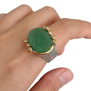 Y·YING Natural Green Fluorite Rough Real Stone Ring Gold Plated Adjustable Rings - Picture 1 of 6