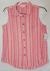 Damen Neu mit Etikett Time & Tru Leinenmischung ärmellos geknöpfte Bluse Top pink Größe Small  - Bild 1 von 5