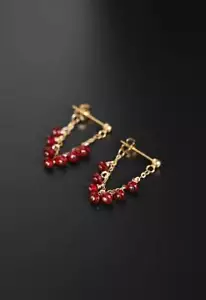 18K Gold Earrings with Ruby Beads | Modern Chain Dangle Earrings - Picture 1 of 8