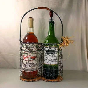 Weinträger Ständer 2 Flaschen Halter Caddy Draht und Weidengeflecht Volkskunst - Bild 1 von 5
