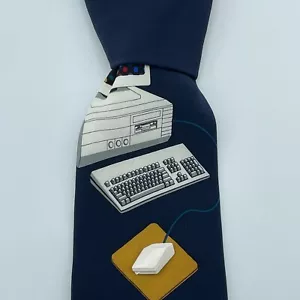 VICKY DAVIS Silk Tie Blue Retro Computer Geek Pin Mouse Trap 4" USA Made Necktie - Picture 1 of 8