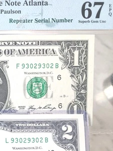 INCREDIBLE MATCHING REPEATER Fancy Serial number $2 + $1 Gem Uncirculated PMG - Picture 1 of 3