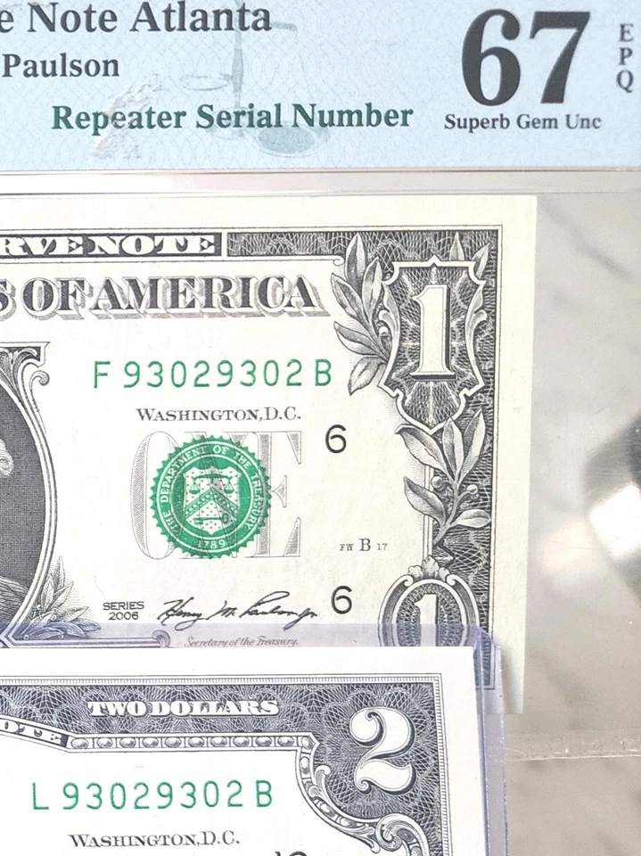 INCREDIBLE MATCHING REPEATER Fancy Serial number $2 + $1 Gem Uncirculated PMG - Image 1 of 3