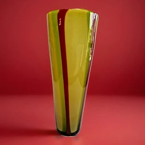 "Florero alto de 13,25"" grueso estilo Murano arte rayas amarillas rojas y verdes" - Imagen 1 de 7