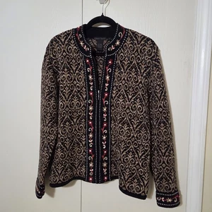 Nomadic Traders Pullover Damen L hellbraun schwarz durchgehender Reißverschluss bestickt Cottagecore - Bild 1 von 8