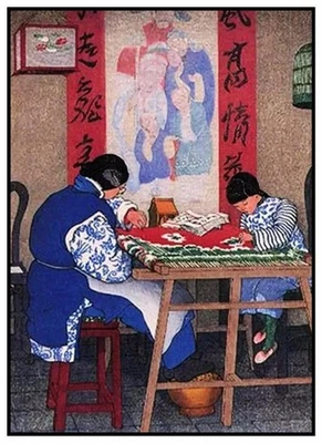 Asian Family Weaving Cloth Japanese Woodblock Counted Cross Stitch Pattern - Image 1 of 4