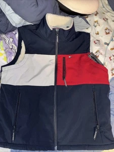 Tommy Hilfiger Mens XL Red White Navy Med Sherpa Fleece Lined Full Zip Vest $175 - Picture 1 of 4