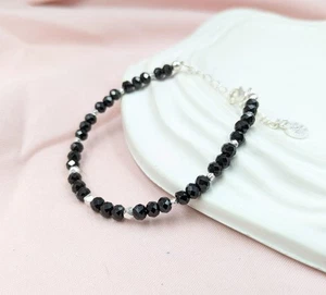 Hermosa pulsera de espinela negra y plata con cuentas de piedras preciosas facetadas para mujer 6-8" - Imagen 1 de 12
