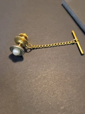 Pin de corbata vintage dorado con perla sintética y barra de cadena accesorio clásico para hombre” Foto 1 de 4