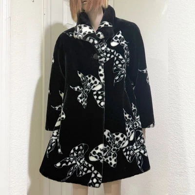 Vintage 80s DonnyBrook Black/White Bow Ribbon Print Faux Fur Coat Size Petite M - Image 1 of 4