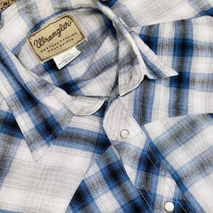 Wrangler Herren blau kariert Western Mode Stil Perlen Druckknopf Langarm Hemd L - Bild 1 von 4