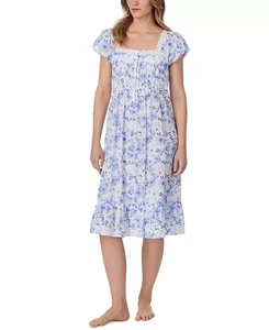 Eileen West Flügelärmel weiß/blau geblümt 100% Baumwolle Rasen Walzer Nachthemd Kleid M - Bild 1 von 4