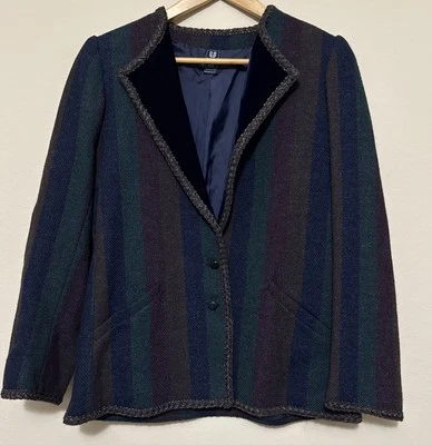 复古罕见 Y2K 80 年代 Emanuel Ungaro 条纹羊毛西装外套意大利夹克 8 码 — 第 1/4 张图片