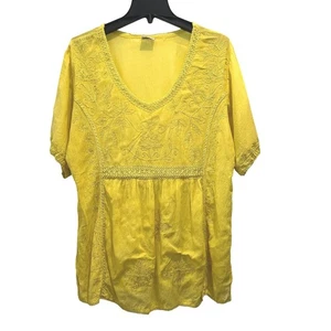 Yellow Embroidered Tunic Top FREE SIZE V-neck Short Sleeve Rayon Boho Chic - Picture 1 of 6