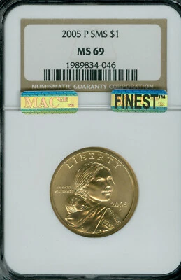 2005 P SACAJAWEA DOLLAR NGC MS69 SMS MAC FINEST GRADE MAC SPOTLESS . - Image 1 of 2