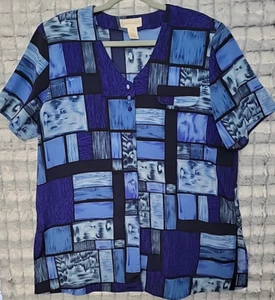 Christie & Jill Vintage Blue w/ Black Patchwork Women's XL Blouse Colorful - Picture 1 of 3