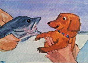 ACEO Original - Fish & Funny Dog - Watercolor 2.5 x 3.5 Signed - Picture 1 of 4