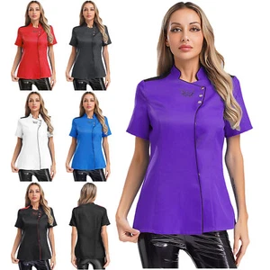 Women Coat Uniform Jacket Stand Collar Tops Clothes Chef Baking Printed Canteen - Picture 1 of 10