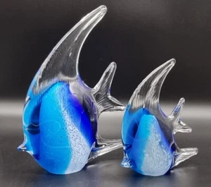 PAIR VINTAGE MURANO ITALIAN ART GLASS FISH SCULPTURES WHITE BLUE SOMMERSO1950 - Picture 1 of 12