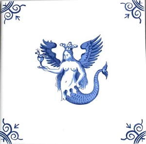 Mythologie Engel Meerjungfrau blau maritim Delfter Design Ofen gebrannte Keramikfliese 6"X6" - Bild 1 von 1
