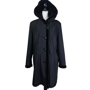 Gallery Faux Fur Trim Hooded Black Coat Sz XL Microfiber Long Formal Mobwife - Picture 1 of 12