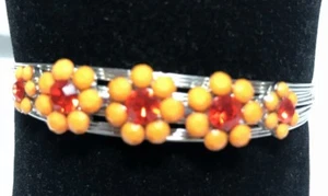 Cuff Bracelet silver tone 5 orange flowers Rhinestone centers New - Picture 1 of 3