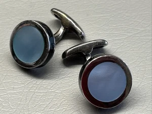 Manschettenknöpfe Charles Tyrwhitt Perlmutt-Blau Silber schwarzer Rand Ø 15mm - Bild 1 von 7