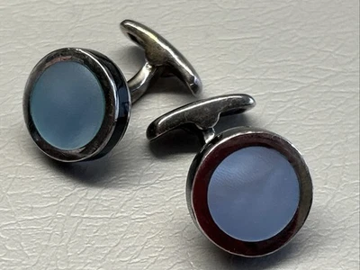 Manschettenknöpfe Charles Tyrwhitt Perlmutt-Blau Silber schwarzer Rand Ø 15mm - Bild 1 von 4