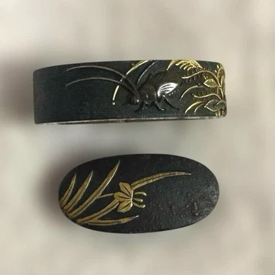 Accesorios de espada japonesa Fuchi Kashira Suzumushi diseño incrustación de oro antiguo Japón Foto 1 de 4